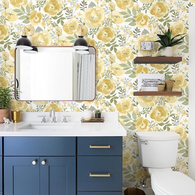 Orainege Floral Wallpaper Peel and Stick Wallpaper 16.9inx118.1in Self Adhesive Wallpaper Boho Contact Paper Removable Decorative Wall Paper for Bedroom Bathroom Shelf Liner Decor Vinyl,Yellow