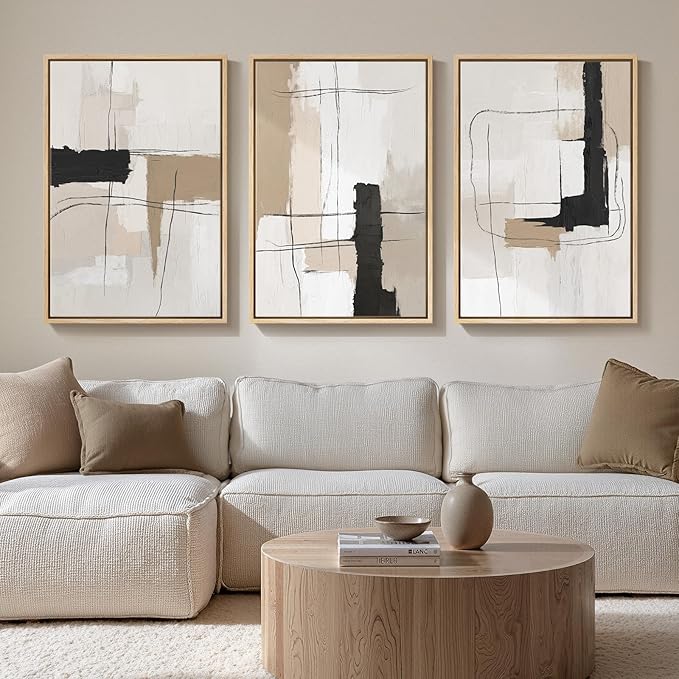 Large Framed Neutral Abstract Wall Art Set of 3, Modern Black and White Beige Canvas Prints Paintings Artwork for Walls, Minimalist Pictures for Living Room, Bedroom, Dining Room Wall Decor 20x30 In
