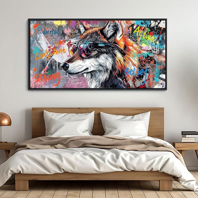 JEAWA Framed Canvas Wall Art - Large Abstract Painting Decor, Inspirational Graffiti Wolf Pictures, Modern Street Art Prints for Bedroom Living Room Bathroom Home Decoration, 29x58 IN