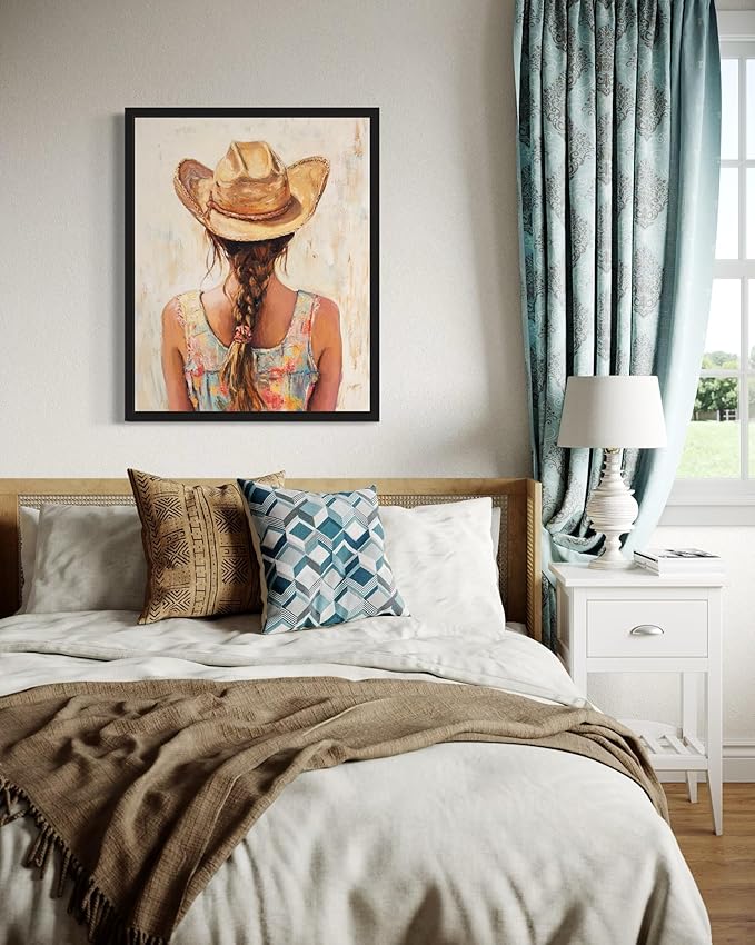 Brunette Cowgirl Cowboy Art Print Poster Wall Art, Western Country Farmhouse Wild West for Bedroom, Bathroom, Living Room Art Decor 58 (Brunette Cowgirl, 8 x 10 inches, Black Frame)