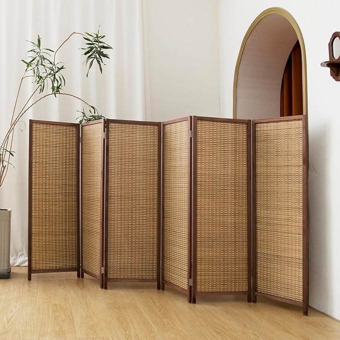 6 Panel Short Panel Divider Screen,3.95 FT Tall Bamboo Room Divider Folding Privacy Screen,Short Panel Divider Freestanding Room Divider for Room Seperation,Brown