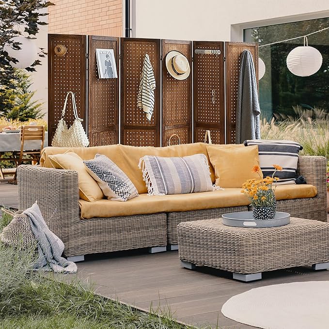 6 Panel Pegboard Display with 24 Hooks, Wood Room Divider Wall, 5.6Ft Folding Privacy Screen Divider Room, Portable Freestanding Wall Organizer for Bedroom Reading Room(Dark Brown)