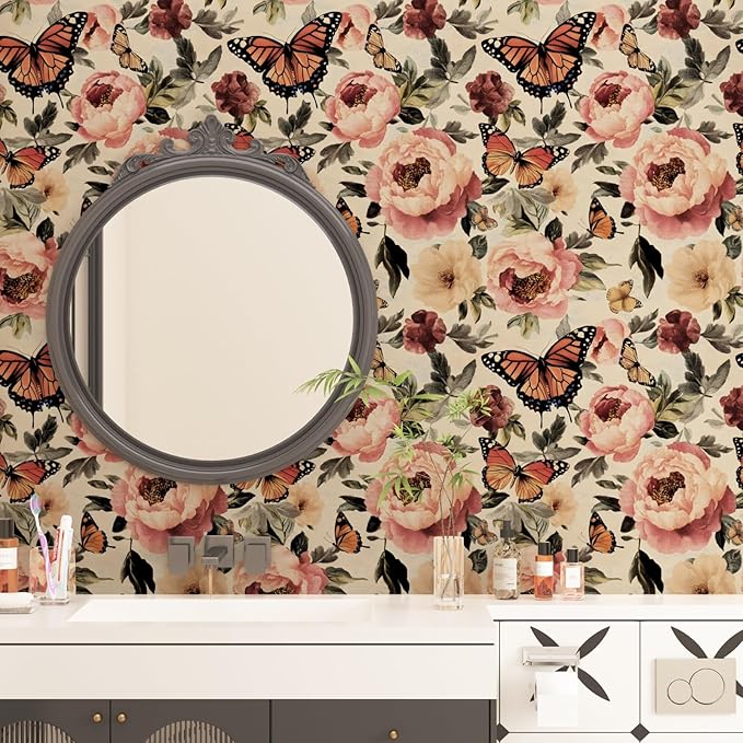 Beige Floral Wallpaper Vintage Butterfly Contact Paper Boho Leaf Wall Paper for Bathroom Shelf Liner Drawer Backsplash Retro Removable Waterproof Peel Stick 17.5 x 118In