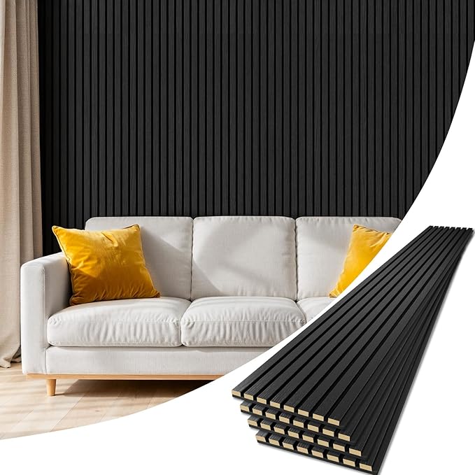 4 Pack Wood Panels for Wall, 94.4" x 12.6" Acoustic Wood Slat Wall Panel for Interior Decor & Noise Reduction, Soundproof Panel, Sound Absorbing 3D Textured Panels - Black