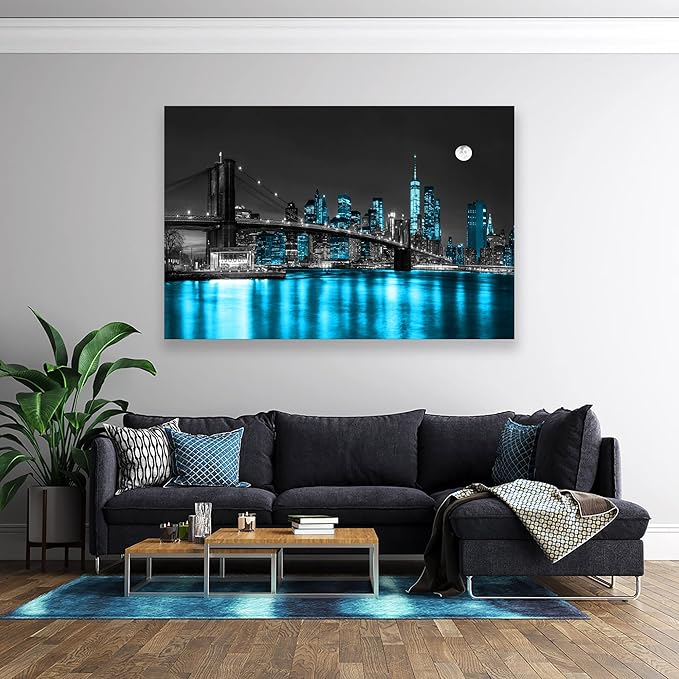 Aibonnly Wall Art Canvas Painting Black White and Blue New York Brooklyn Bridge 1 Piece Cityscape Night Building Picture Poster Print Framed for Living Room Bedroom Kitchen Office Home Decor