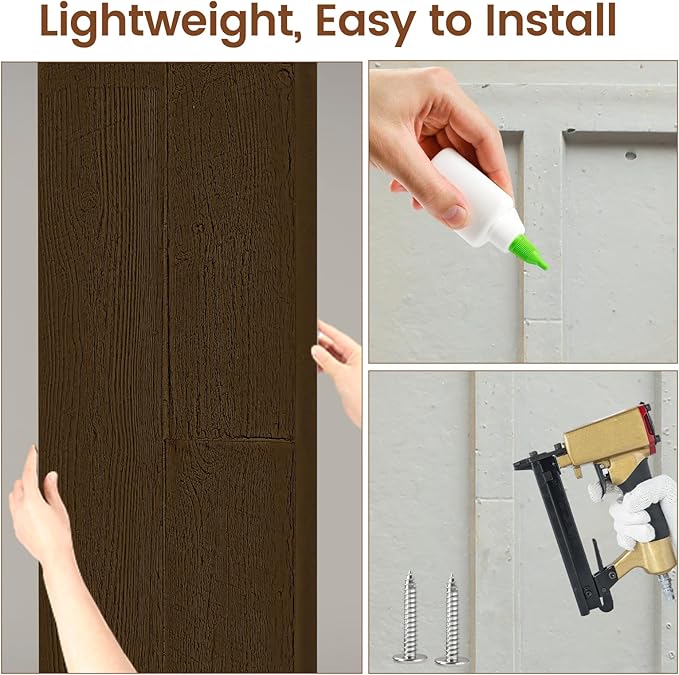 KASARO PU Faux Wood Wall Panels, 4 Pieces 3D Wainscoting Panel Accent for Interior Or Exterior Decor, 45.7 × 11.8 inch, Rustic Wood Brown