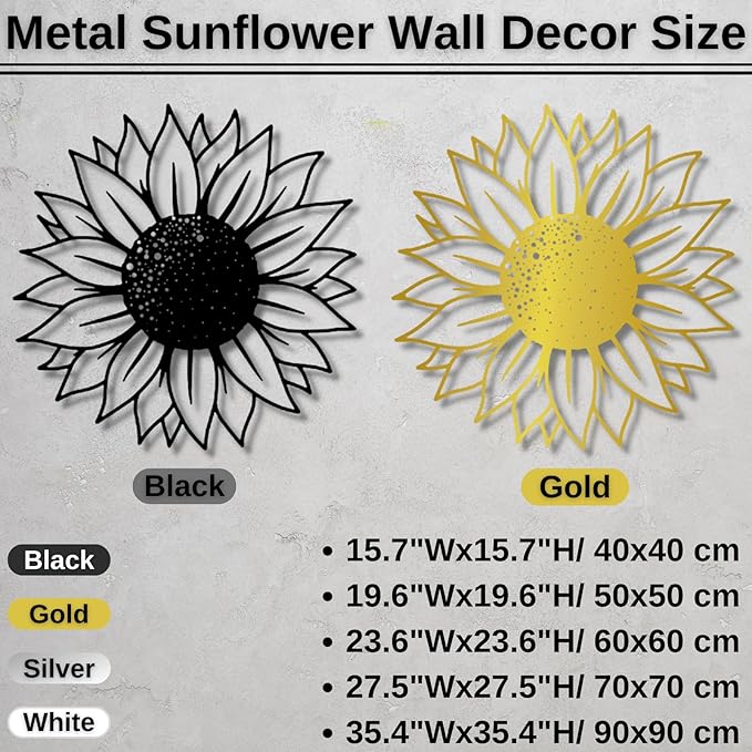 3D Sunflower Wall Art, Flowers Home Decor - Metal Wall Art (19.6"Wx19.6"H/ 50x50 cm, Black) - Housewarming Gift