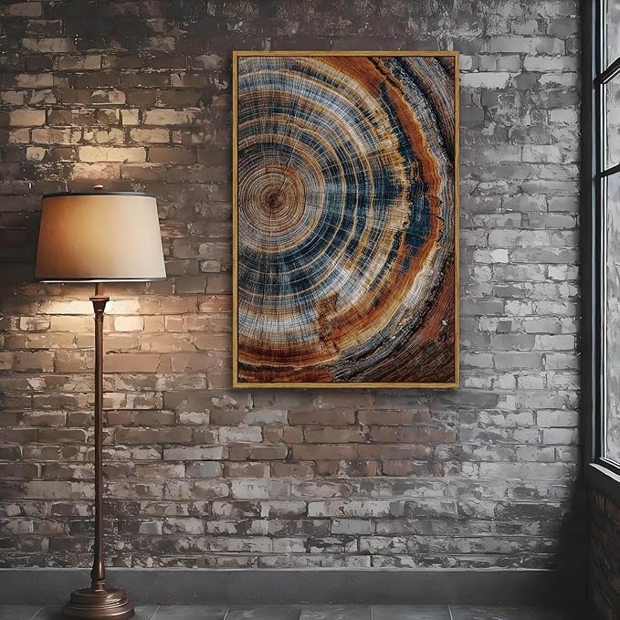 BingruiArt Large Framed Tree Ring Wall Art Wood Canvas Colorful Boho Wall Decor Rustic Artwork Abstract Painting Farmhouse Picture Nature Print for Living Room Bedroom Bathroom 24"x36" Natural Framed(04)