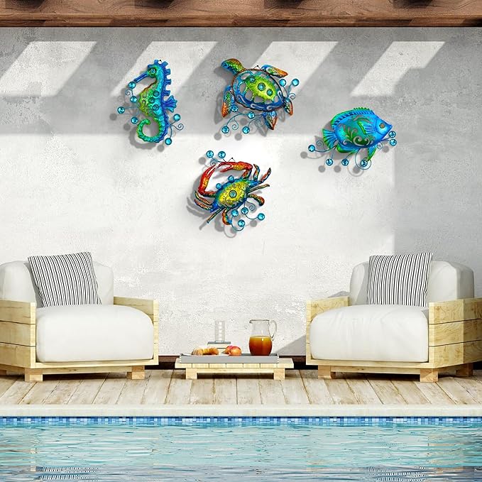Metal Ocean Beach Theme Wall Decor Art, Set of 4 Sea Turtle Seahorse Crab Tropical Fish Indoor Bathroom Décor, 11 Inch Deep Blue Sea Wall Decoration, Metal Outdoor Christmas Decor Yard Art Christmas Decorations Gift