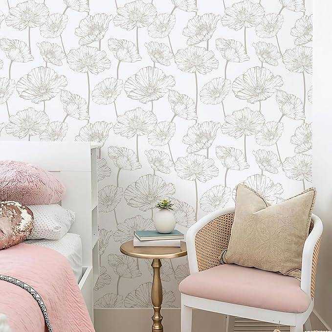Orainege Peel and Stick Wallpaper Beige and White Floral Wallpaper 17.3inx118.1in Self Adhesive Contact Paper Removable Decorative Wall Paper for Bedroom Bathroom Cabinets Decor Vinyl