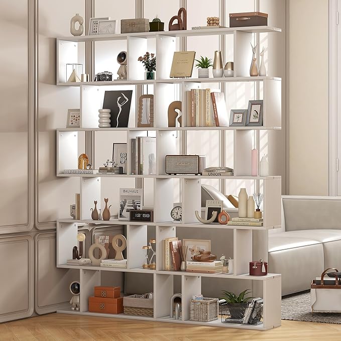 6 Tier Geometric Bookcase, S Shaped Bookshelf, Book Shelf Room Divider, Wood Freestanding Display Shelves, 75 Inch Staggered Bookshelf for Bedroom Living Room (2, White)