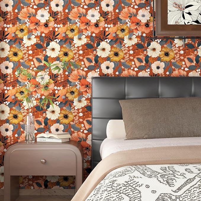Orange Wallpaper Peel and Stick Retro Floral Contact Paper Self Adhesive Removable Waterproof Easy Peel Off Wall Paper Stick on Bedroom Cabinet Renter Friendly 17.5 x 118In