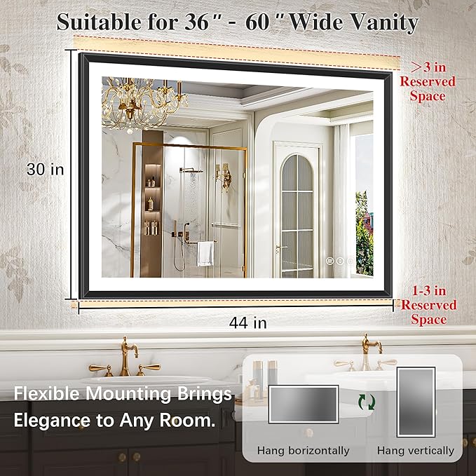 44x30 Black Framed Led Bathroom Mirror with Lights, Front Lit and Backlit, Lighted Vanity Mirror for Bathroom Wall, Anti-Fog, Dimmable, 3 Colors, Memory, HD Tempered Glass