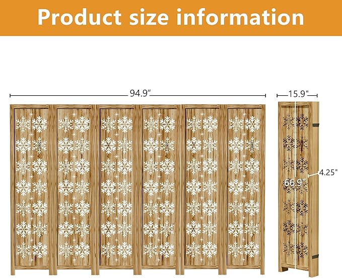 Casaphoria 6 Panels Room Divider, Folding Screen Room Divider with Snowflake Pattern for Home Office, Restaurant and Bedroom, Paulownia Wood, 95" W x 67" H (Natural)
