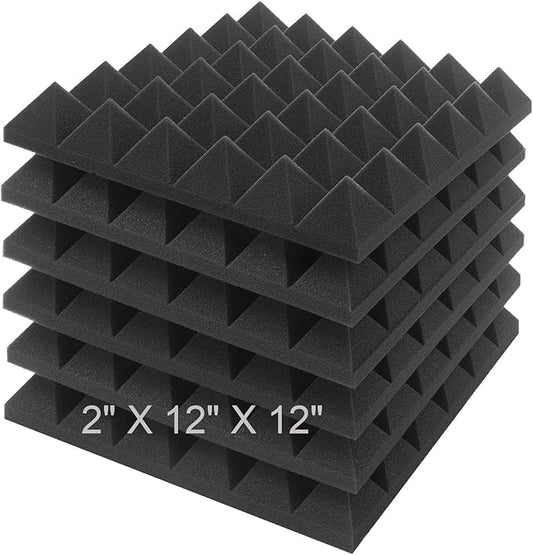 JBER Acoustic Sound Foam Panels, 6 Pack 2" X 12" X 12" Charcoal Soundproofing Treatment Studio Wall Padding Sound Absorbing Fireproof Pyramid Black Wall Panel…