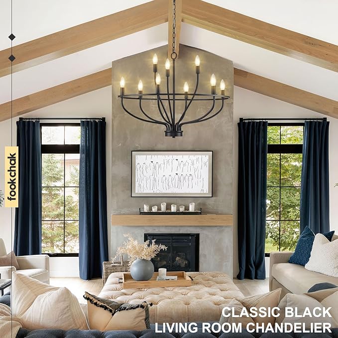 9-Light Black Chandelier Light Fixture Classic Candle Chandelier Lighting Over Table for Dining Room Living Room Bedroom Foyer Kitchen Island, 28.54in, E12