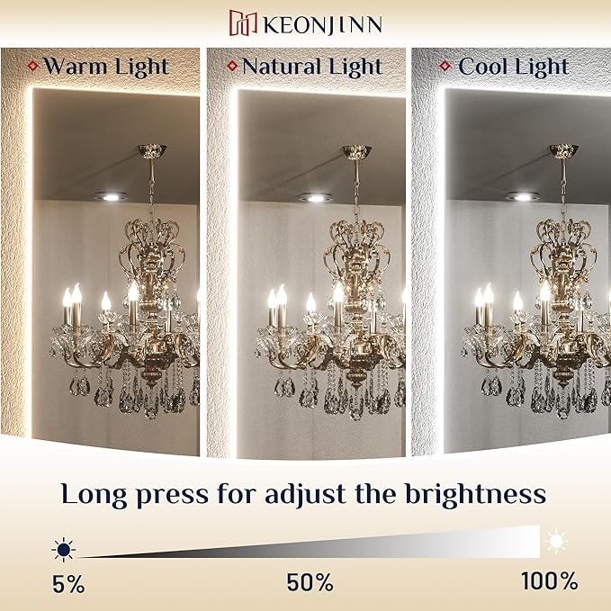 Keonjinn LED Mirror for Bathroom 48 x 36 Inch, Backlit Mirrors with Dimmable 3-Color Lights, Lighted Vanity Mirror High Lumen, Anti-Fog, Shatterproof Tempered Glass, CR90+