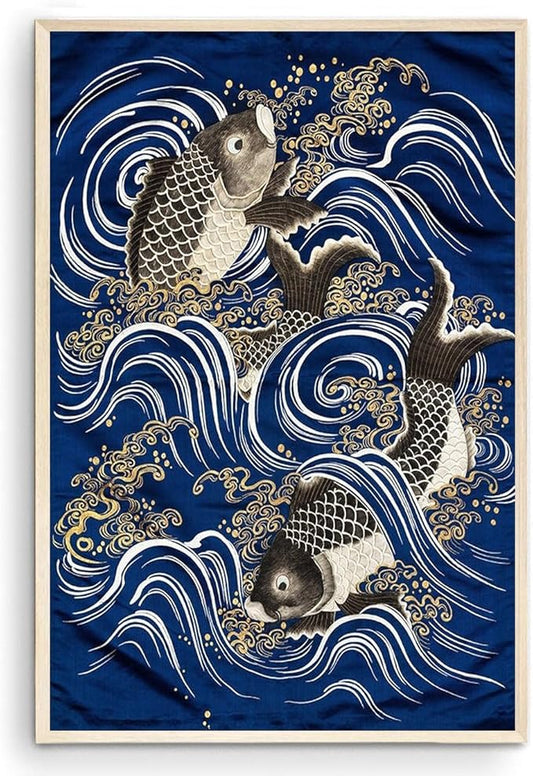 OZCONO Japanese Koi Fish Wall Art Print, Traditional Wave Pattern, Navy Blue and Gold, Unframed Gallery Quality (18L x 12W)