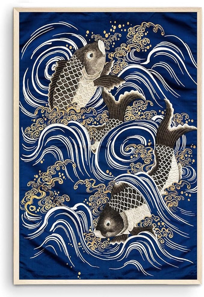 OZCONO Japanese Koi Fish Wall Art Print, Traditional Wave Pattern, Navy Blue and Gold, Unframed Gallery Quality (11L x 9W)