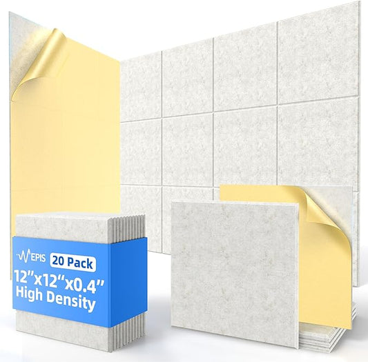 20 Pack Acoustic Panels with Self Adhesive, 12" X 12" X 0.4" High Density Sound Proof Foam Panels for Walls, Soundproof Wall Panels, Square Sound Absorbing Panels for Home Studio Office Decor - Ivory