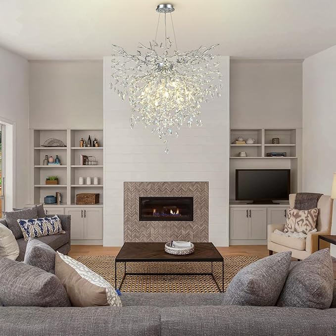 32 inch Crystal Chandelier for Dining Room, Round Silver Tree Branches Chandeliers, Top K9 Crystal Chandelier, Modern Chandeliers for Kitchen,Foyer Entryway,Luxury Adjustable Hanging Chandeliers