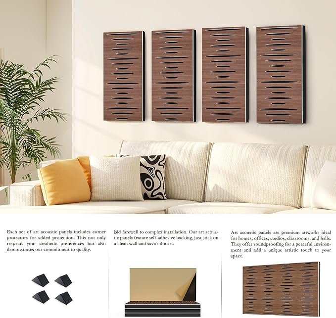 4Pack Acoustic Wall Panel Self-Adhesive Soundproof Foam Panels for Wall, 3D Perforated Tri-Layer Polyester Fiber Decorative Acoustic Insulation for Recording Studio, 24×12×1.78", Elliptical-Line