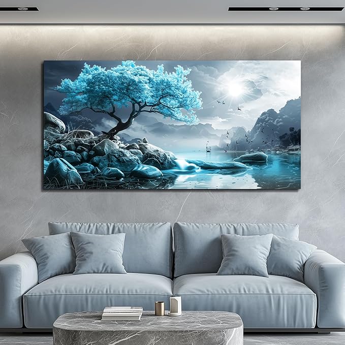 KELIYUAN Canvas Wall Art For Living Room Large Wall Decor For Bedroom Blue Tree Landscape Painting Black And White Wall Pictures Artwork Office Works Frame Canvas Art Modern Home Decoration 24x48in