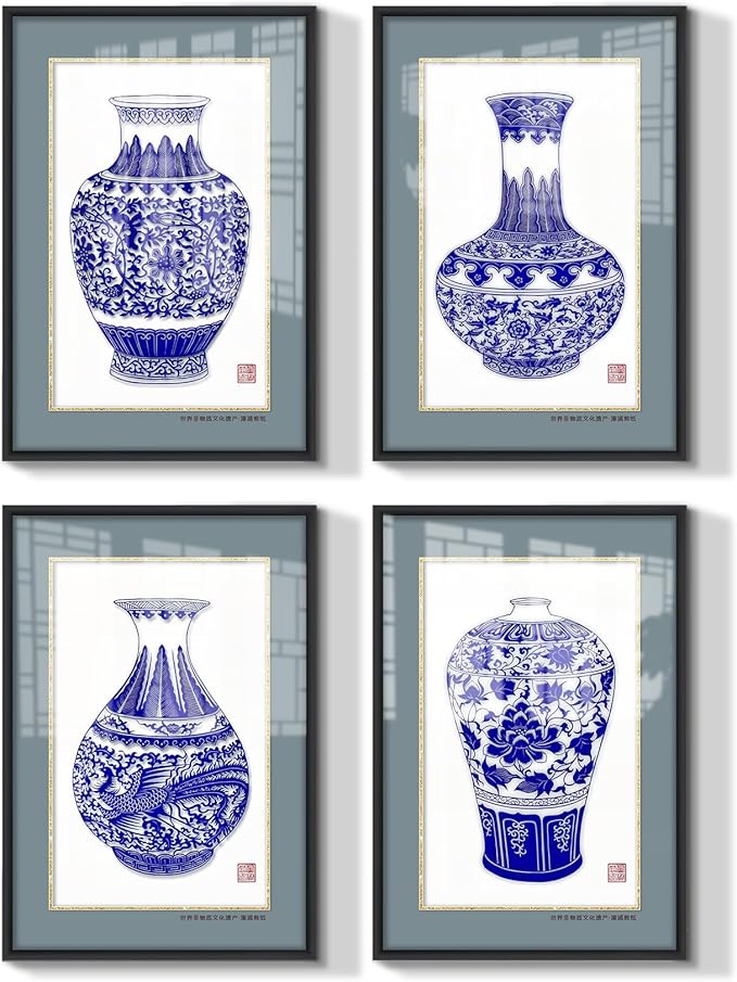 crmotu Chinoiserie Wall Art, Chinoiserie Paper-cutting Wall Decor Set of 4, Oriental Blue and White Porcelain Vase Framed Asian Art for Living Room Hallway Hotel Antique Wall Decor, 17X25 Inch