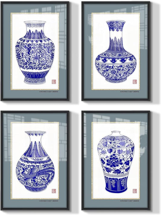 crmotu Chinoiserie Wall Art, Chinoiserie Paper-cutting Wall Decor Set of 4, Oriental Blue and White Porcelain Vase Framed Asian Art for Living Room Hallway Hotel Antique Wall Decor, 17X25 Inch
