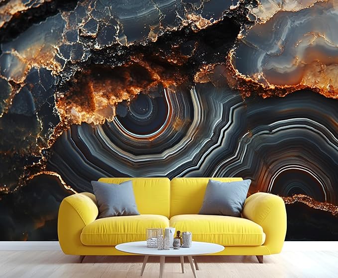 3D Agate Stone Mural Wallpaper, Black Gold Marble Murals, Modern Fashion Marble Murals, Wallpaper for Living Room Bedroom Boy Girl Room Home Decor Mural (Not Peel Stick)