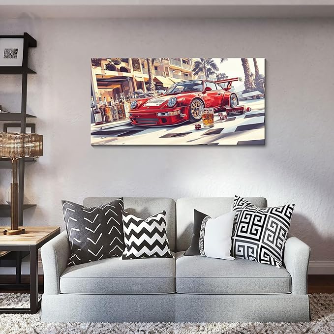 JEAWA Canvas Prints Wall Art - Red Car Canvas Wall Art, Modern Art Wall Decor for Bedroom Bathroom Dining Room Home Office, Funny Painting for Wall Decoration, 20 x 40 In