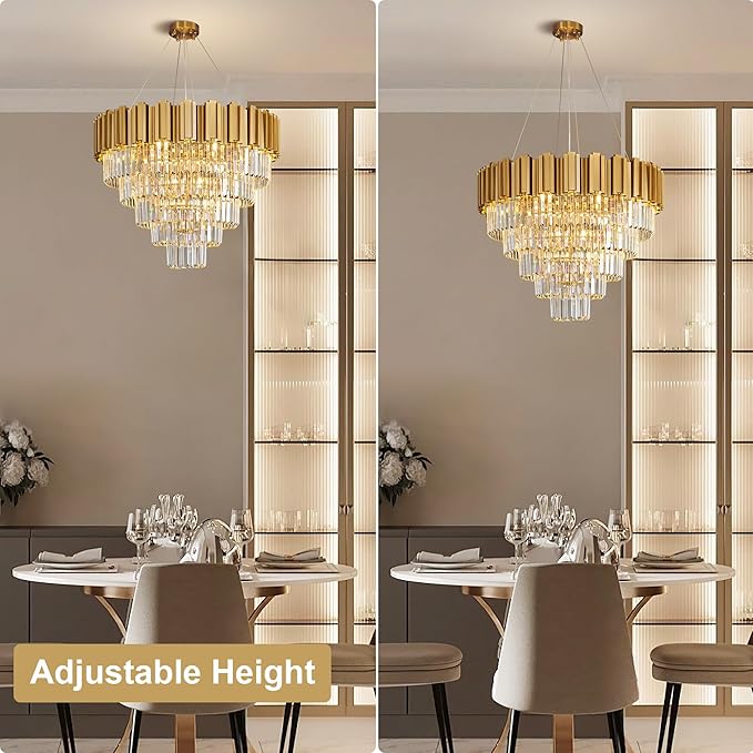 5-Tier 27.5" Modern Crystal Chandelier, 9-Light Gold Chandelier, Luxury Round K9 Crystal Chandeliers Pendant Light Fixture for Dining Room, Living Room, Bedroom, Foyer, Entryway, Kitchen, Restaurant