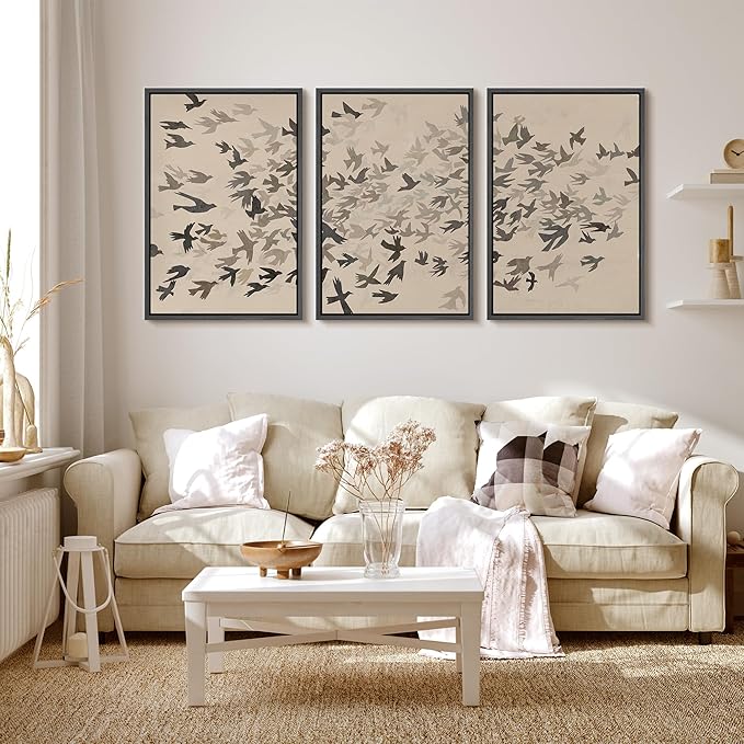 MUDECOR Framed Wall Art Print Set Minimalist Subtle Birds in Motion Illustrations Modern Art Boho Decorative Colorful Chic for Living Room, Bedroom, Office - 16"x24"x3 Black