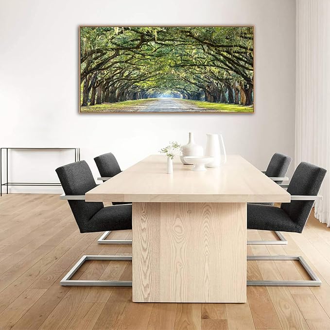 arteWOODS Framed Canvas Wall Art - Green Forest Canvas Pictures Oak Trees Covered Lane Art Print Green Nature Landscape Artwork Oak Trees Lined Road at Georgia Home Decor 29" x 58"