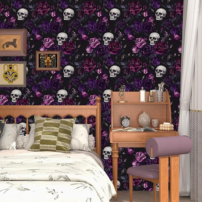 Black Floral Wallpaper Peel and Stick 17.4" x 393" Gothic Floral Vintage Sugar Skull Contact Paper Removable Self Adhesive Waterproof Covering for Cabinet Drawers Home Decor