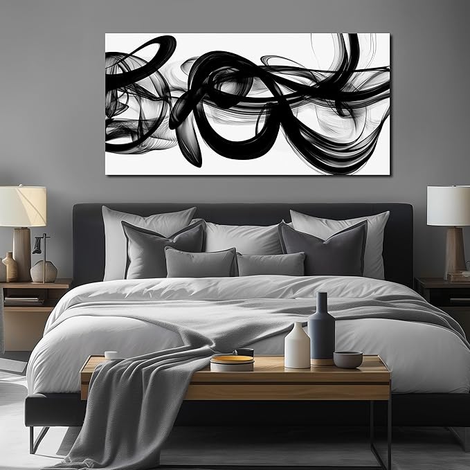 Abstract Canvas Wall Art for Living Large Size,Black and White Pictures for Wall.Black Home Office Wall Decor Ready to Hang 29 x 58 Inch