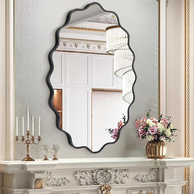 Oval Wavy Mirror - Irregular Wall Mirror 22"x30" Black Asymmetrical Aviation Aluminum Alloy Frame for Bathroom, Bedroom, Living Room, Cloakroom, Entryway