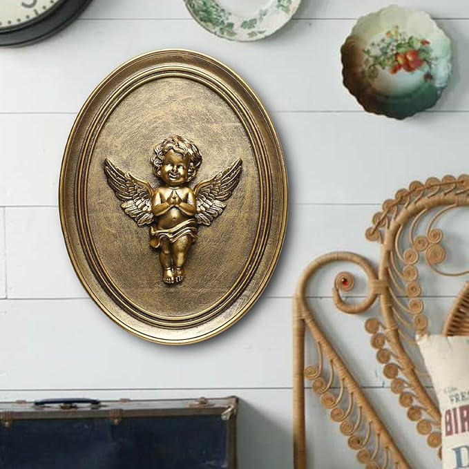 Newinhome Vintage Cherub Wall Sculptures Set of 2 Antique Wall Decor Oval Aesthetic Room Decor Vintage Decoration for Living Room Hallway and Bedroom (Gold Cherubs)