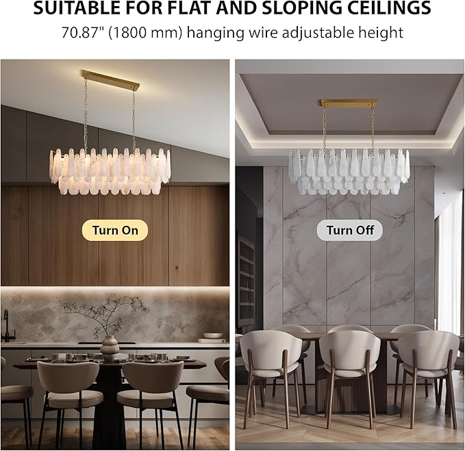 Chandeliers for Dining Room, L47.2 in Modern Alabaster Rectangle Brass Chandelier, 4-Tiers Luxury Natural Stone Ceiling Light Fixture, White Marble Chandeliers for Kitchen Island Living Room Bedroom