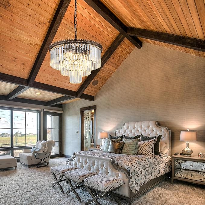 6-Light Crystal Chandelier, 3-Tier Modern Chandelier for Dining Room, Farmhouse Round Crystal Hanging Light Fixture for Foyer Living Room Entryway Bedroom