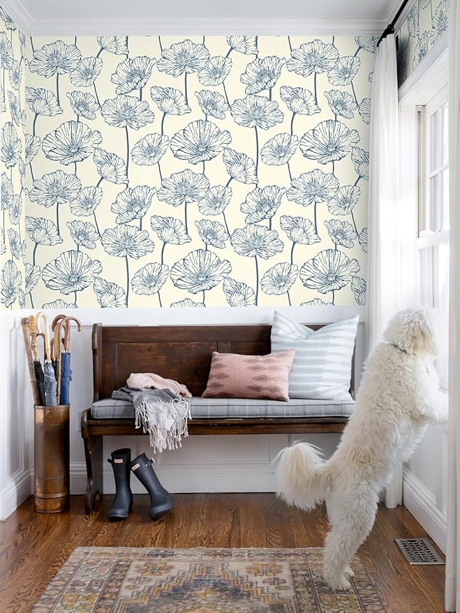 Orainege Peel and Stick Wallpaper Floral Contact Paper Blue and Beige Wallpaper 17.3inx196.8in Self Adhesive Wall Paper Boho Removable