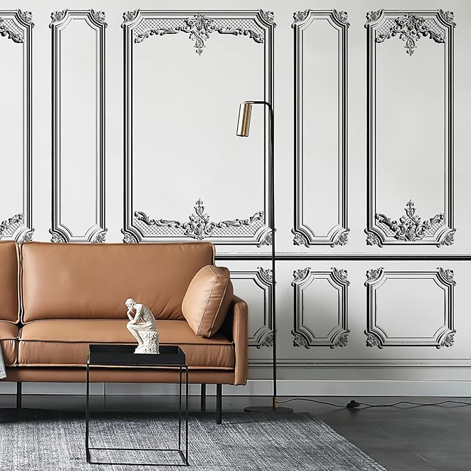 Large 3D Peel and Stick French Wallpaper Mural 148" W x 98" H Classic Black and White Interior Wall with Mouldings Mural Vintage Architectural Wallpaper for Bedroom TV Background Living Room