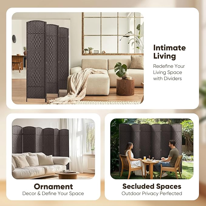 JOSTYLE Room Divider 6ft. Tall Extra Wide Privacy Screen, Folding Privacy Screens with Diamond Double-Weave Room Dividers and Freestanding Room Dividers Screens (Espresso, 6-Panel)