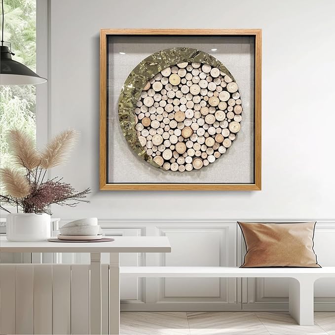 BrightA 3D Square Framed Nature Art - Gold Patina Metal Meets Circular Solid Wood Block Texture, Minimalist Contrast Wall Decor for Calming Spaces 59"x59"