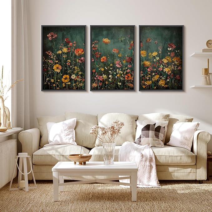 MUDECOR Framed Wall Art Print Set Vintage Wildflower Meadow with Colorful Blooms Illustrations Modern Art Boho Decorative Colorful Chic for Living Room, Bedroom, Office - 16"x24"x3 Black