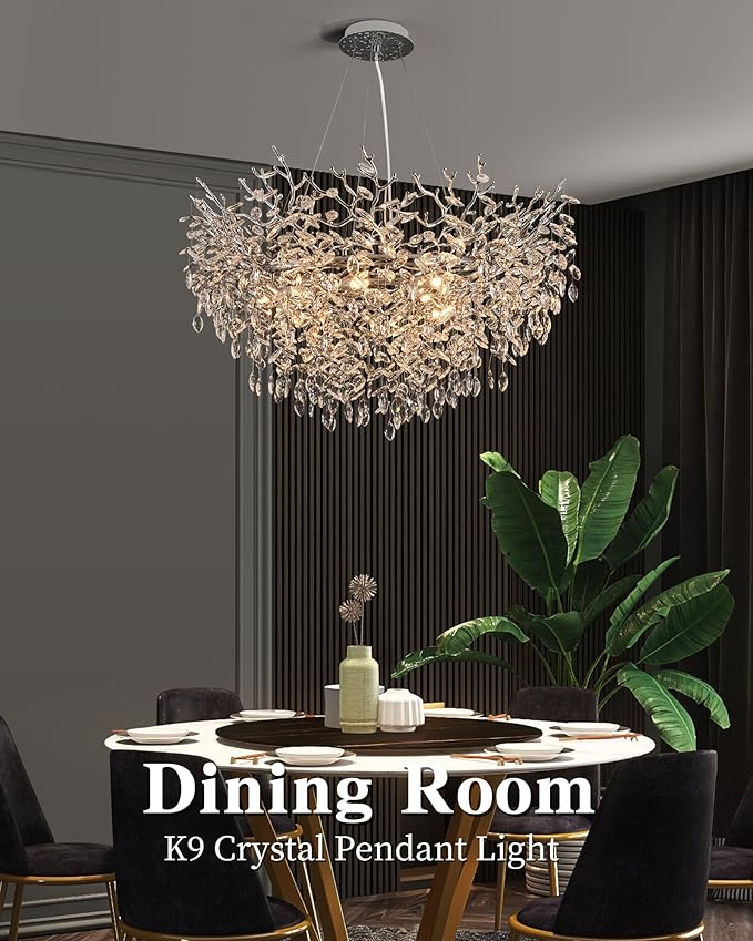 Modern Crystal Chandelier for Dining Room, 39.5" Chrome Tree Branch Chandeliers, 12-Light Luxury K9 Crystal Round Chandeliers for Kitchen Island Living Room