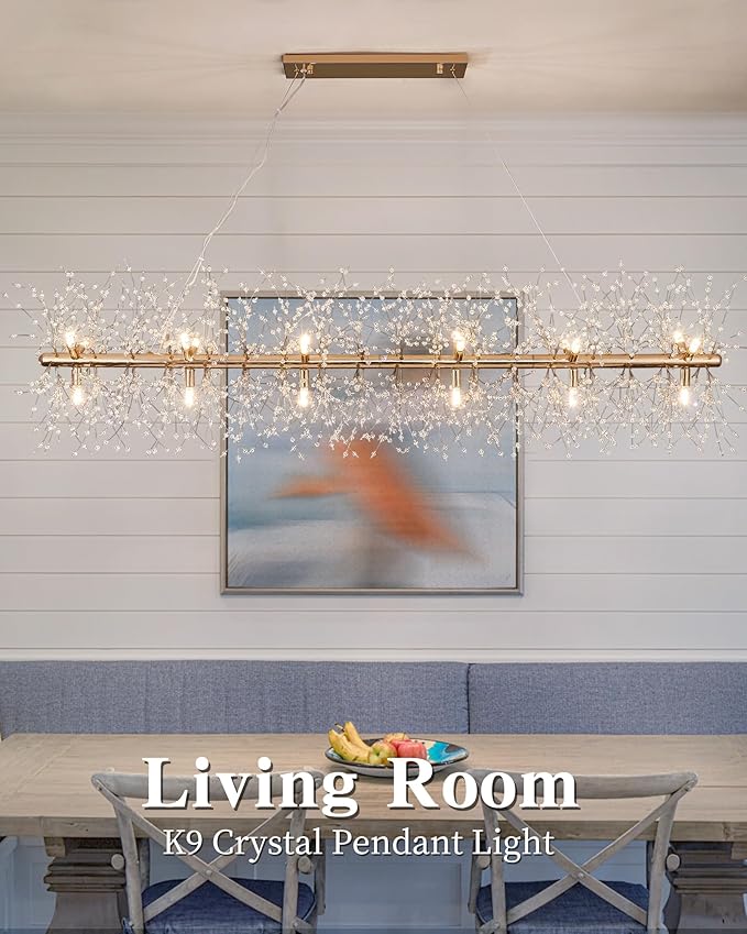 Modern 59" Modern Gold Crystal Firework Chandelier, 18-Light Pendant Light Fixture, Rectangle Linear Sputnik Dandelion Chandeliers for Dining Room Kitchen Living Room