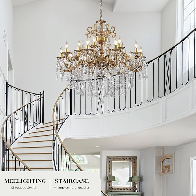 Antique Bronze Crystal Chandeliers, Luxury Gold Candle Pendant Ceiling Light Fixture, 15 Lights Golden Crystal Chandelier for Dining Room, Living Room, Bedroom, Kitchen Island, Hallway