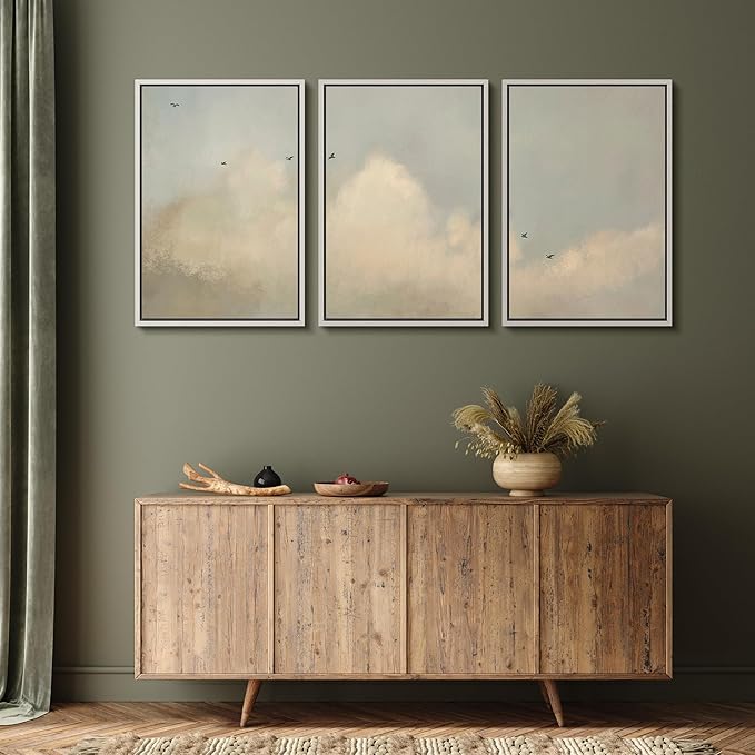 MUDECOR Framed Wall Art Print Set Minimalist Serene Sky with Birds Illustrations Modern Art Boho Decorative Colorful Chic for Living Room, Bedroom, Office - 16"x24"x3 White