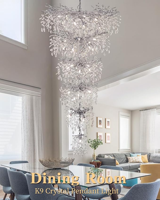 Luxury Silver 6-Tier Large Foyer Entrance Crystal Chandeliers Modern Long Staircase K9 Chandeliers for High Ceiling Big Crystal Chandelier(Height 75 Inch 43 Lights)